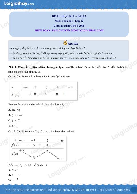 Đề thi học kì 1 Toán 12 Cánh diều - Đề số 2